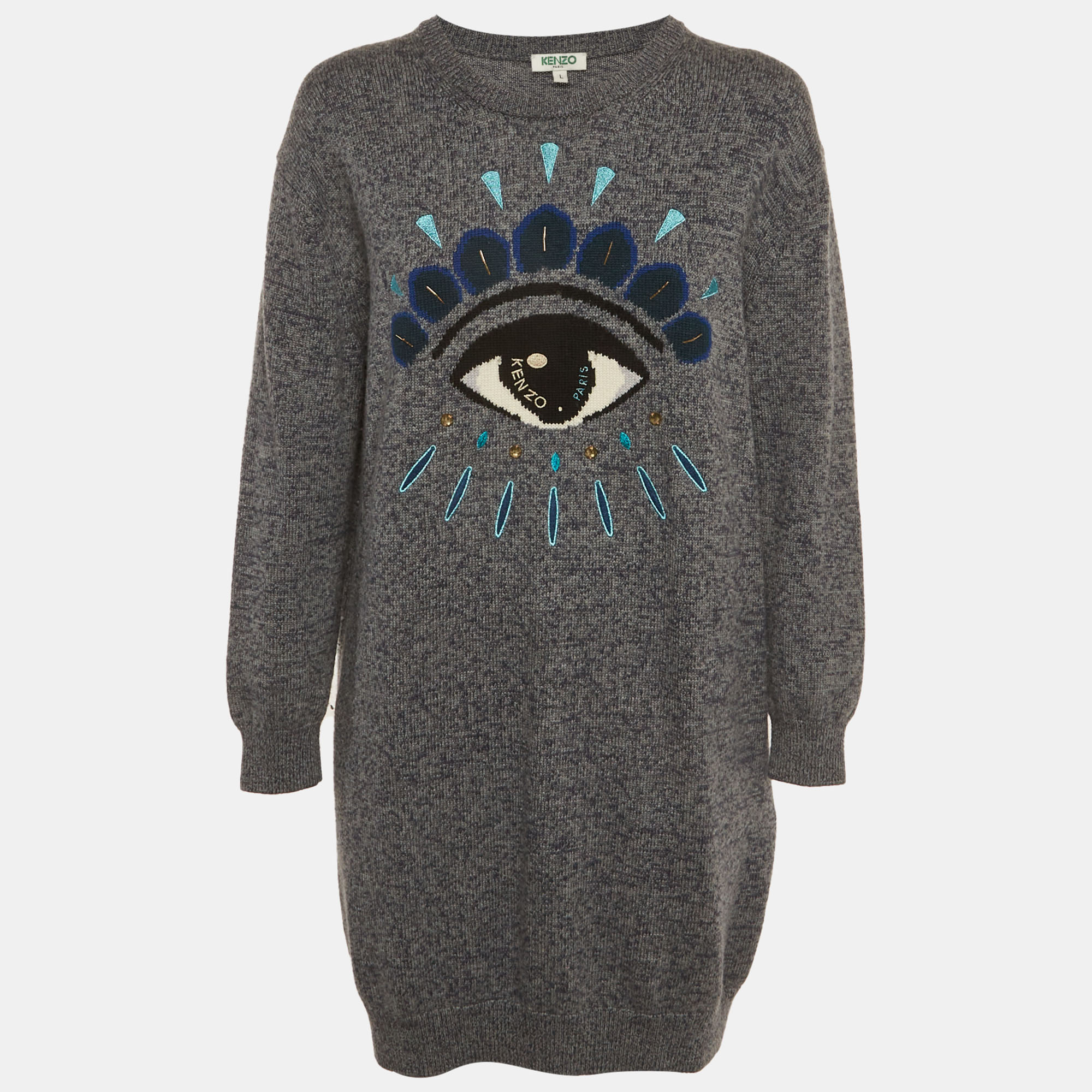 Kenzo Blue Logo Eye Intarsia Wool Knit Mini Sweater Dress