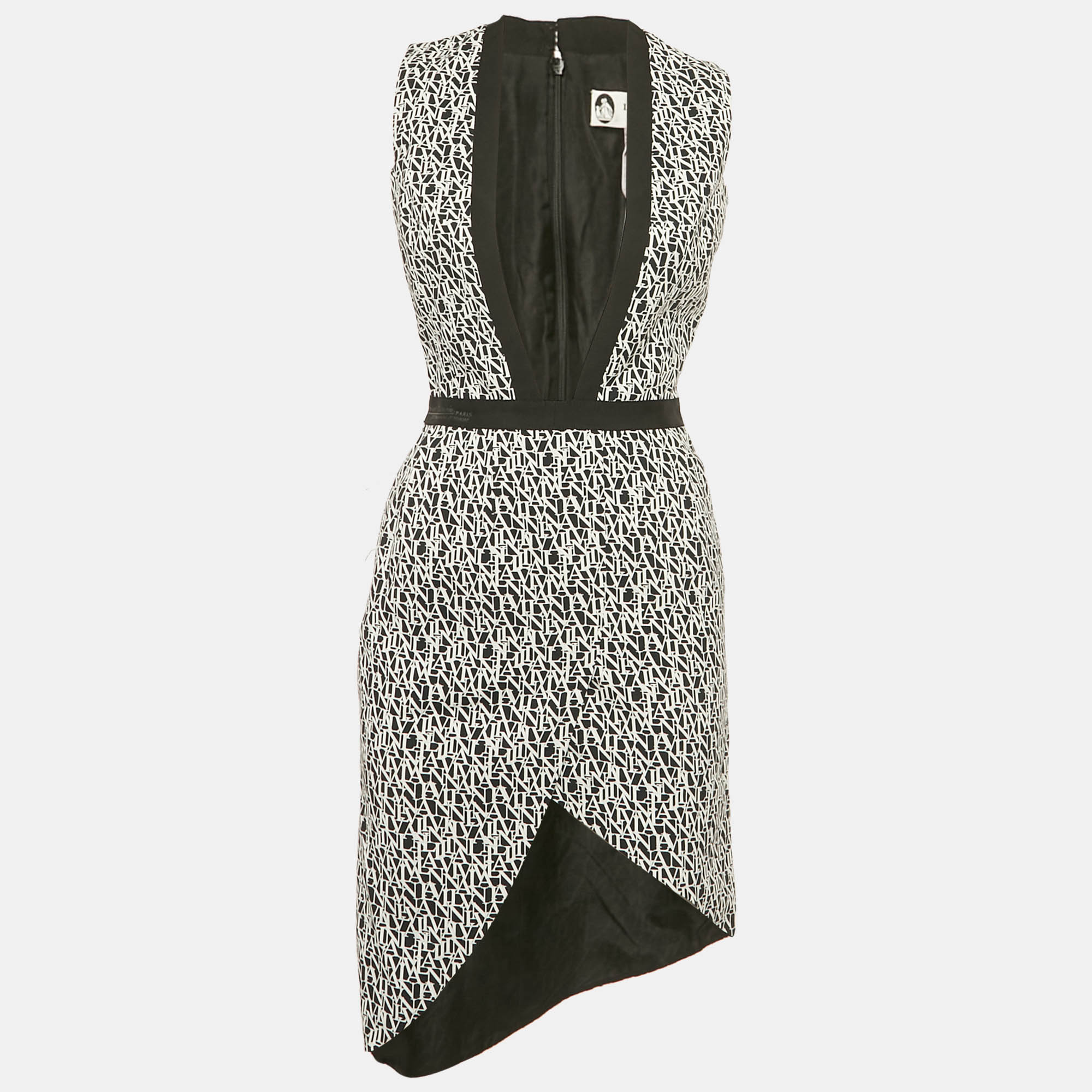 Lanvin Black White Logo Print Crepe Plunge Neck Dress