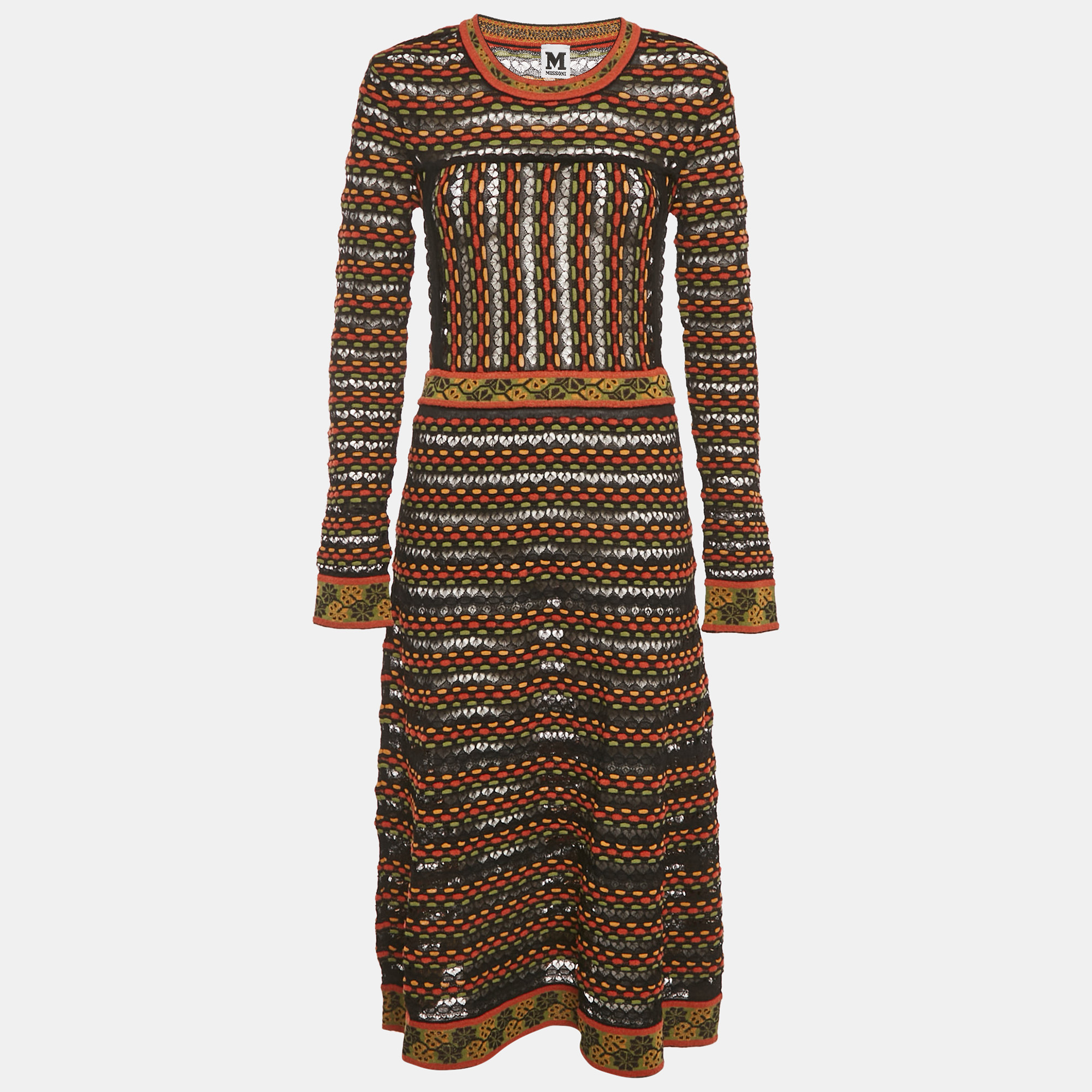 M Missoni BlackOrange Pointelle Knit Long Sleeve Midi Dress