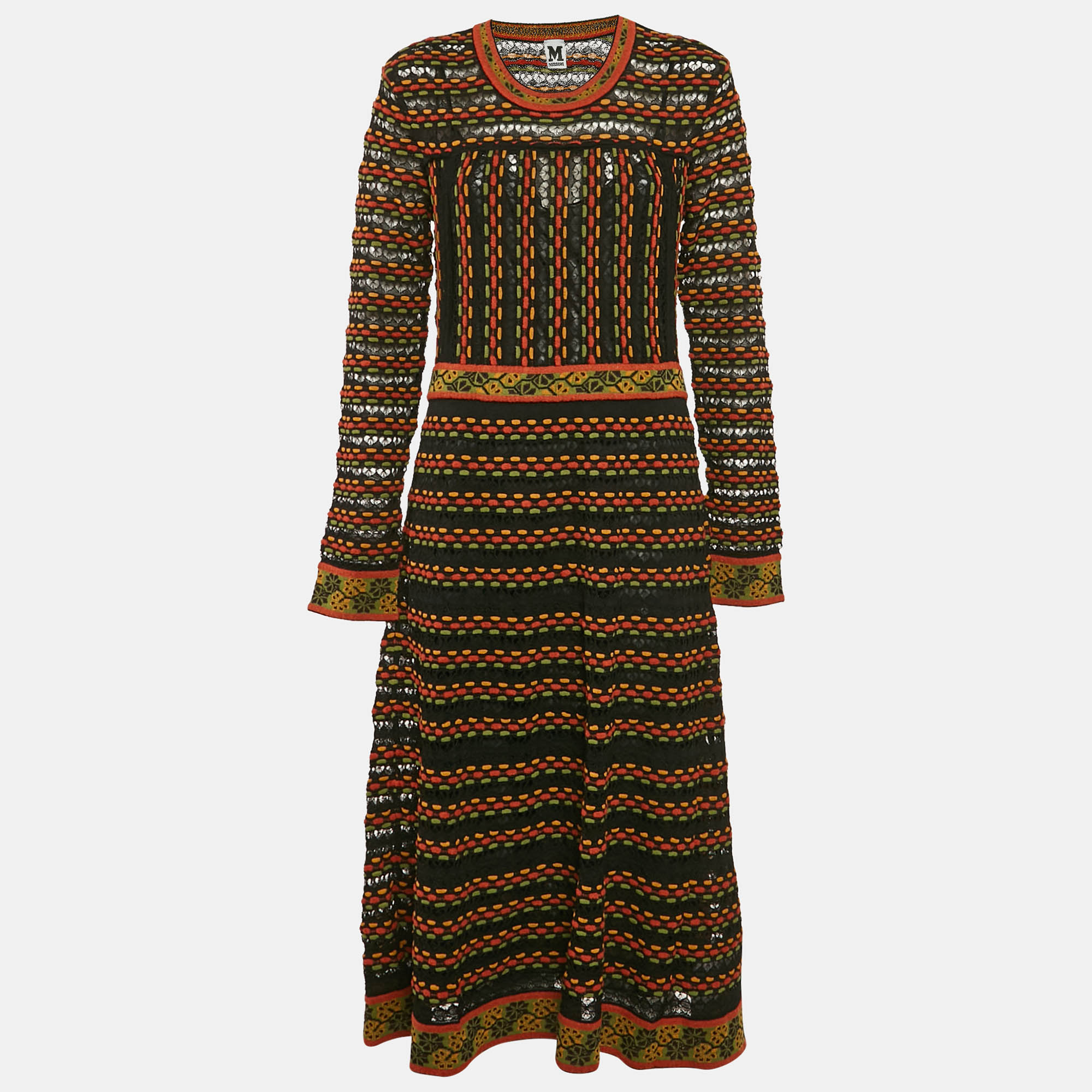 M Missoni Multicolor Patterned Knit Long Sleeve Midi Dress