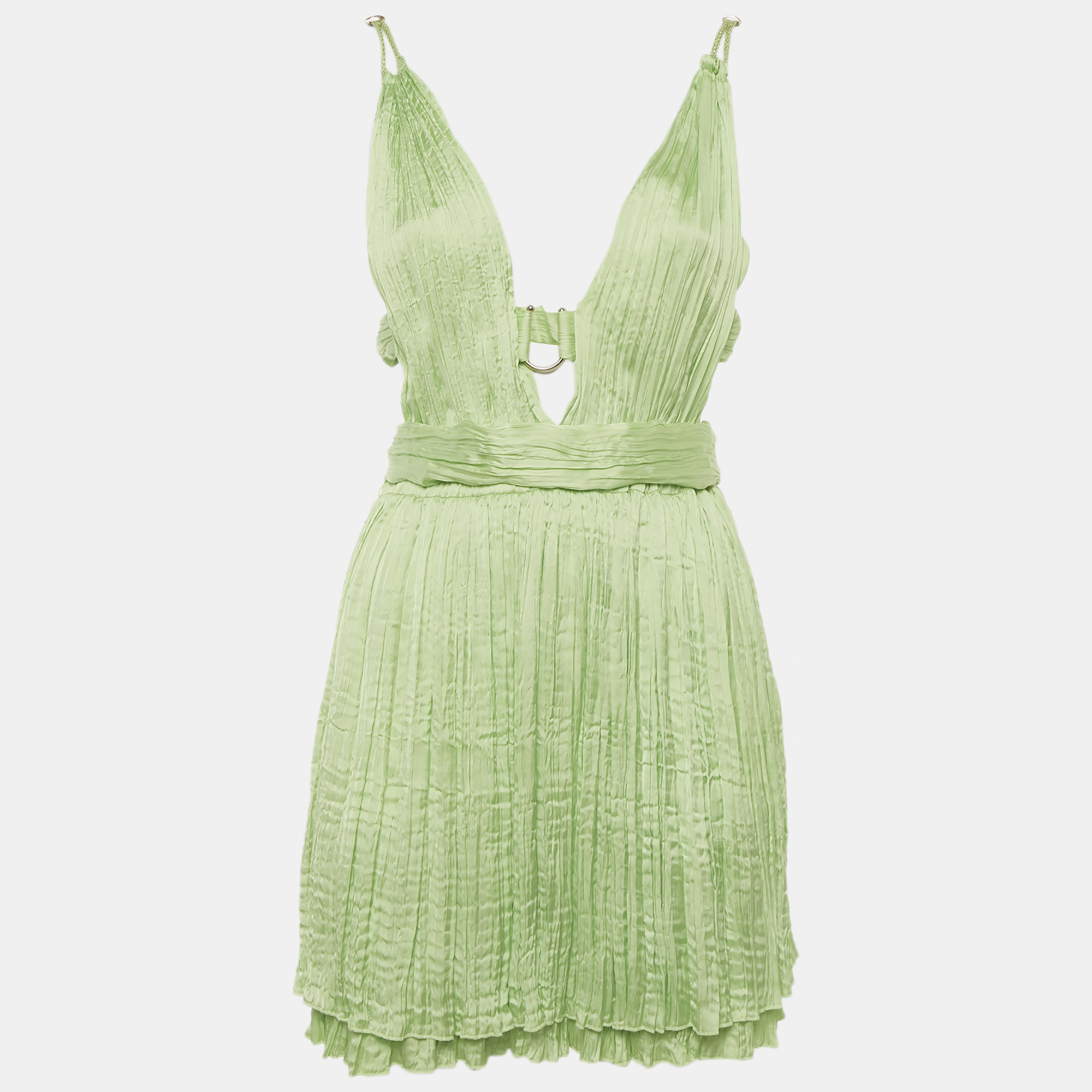 Maje Lime Green Satin Plissé Plunge Neck Mini Dress