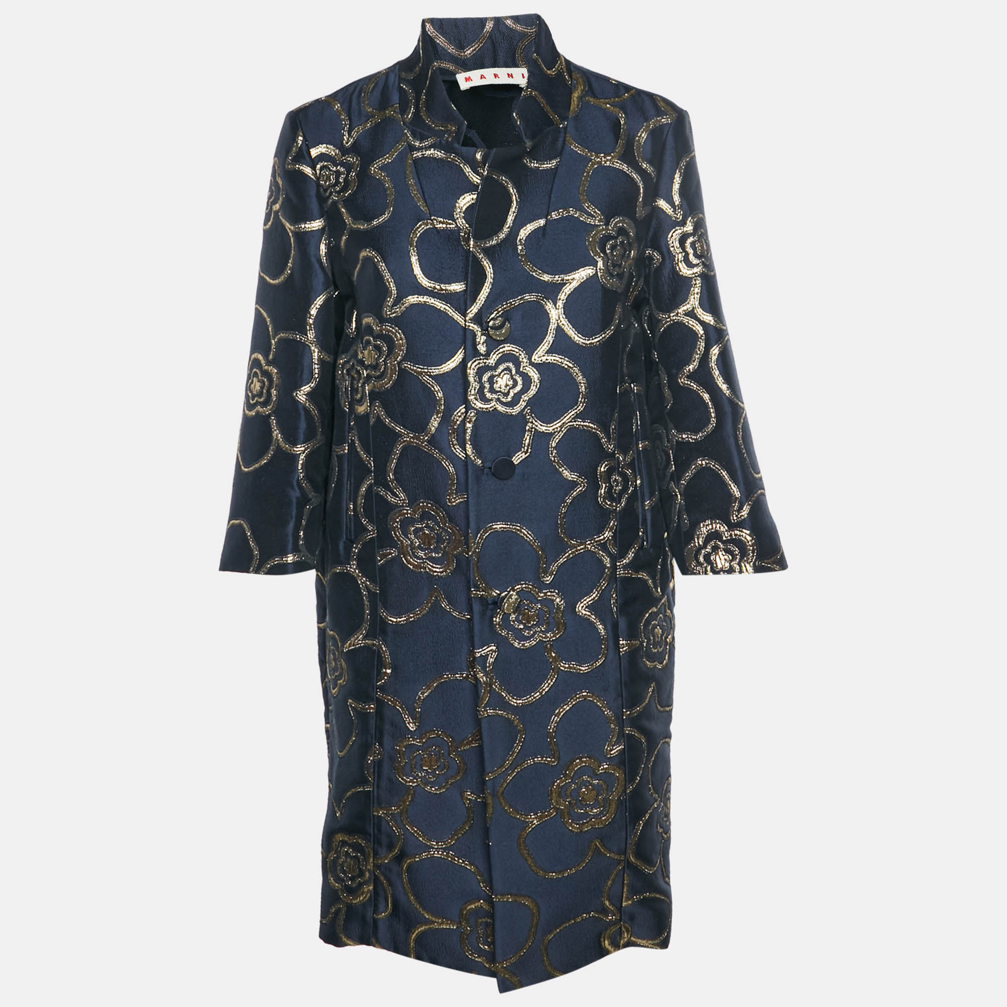 Marni Navy BlueGold Metallic Floral Jacquard Overcoat
