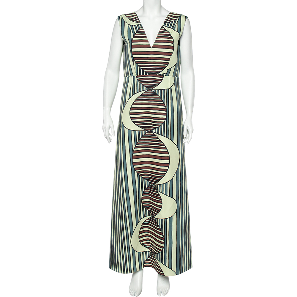 Marni Multicolor Printed Knit Plunge Neck Sleeveless Maxi Dress