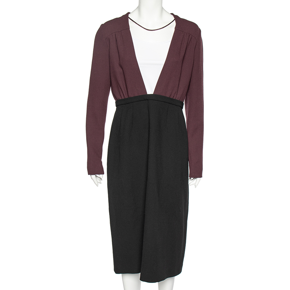 Miu Miu Black-Burgundy Textured Wool Plunge Neck Midi Dress