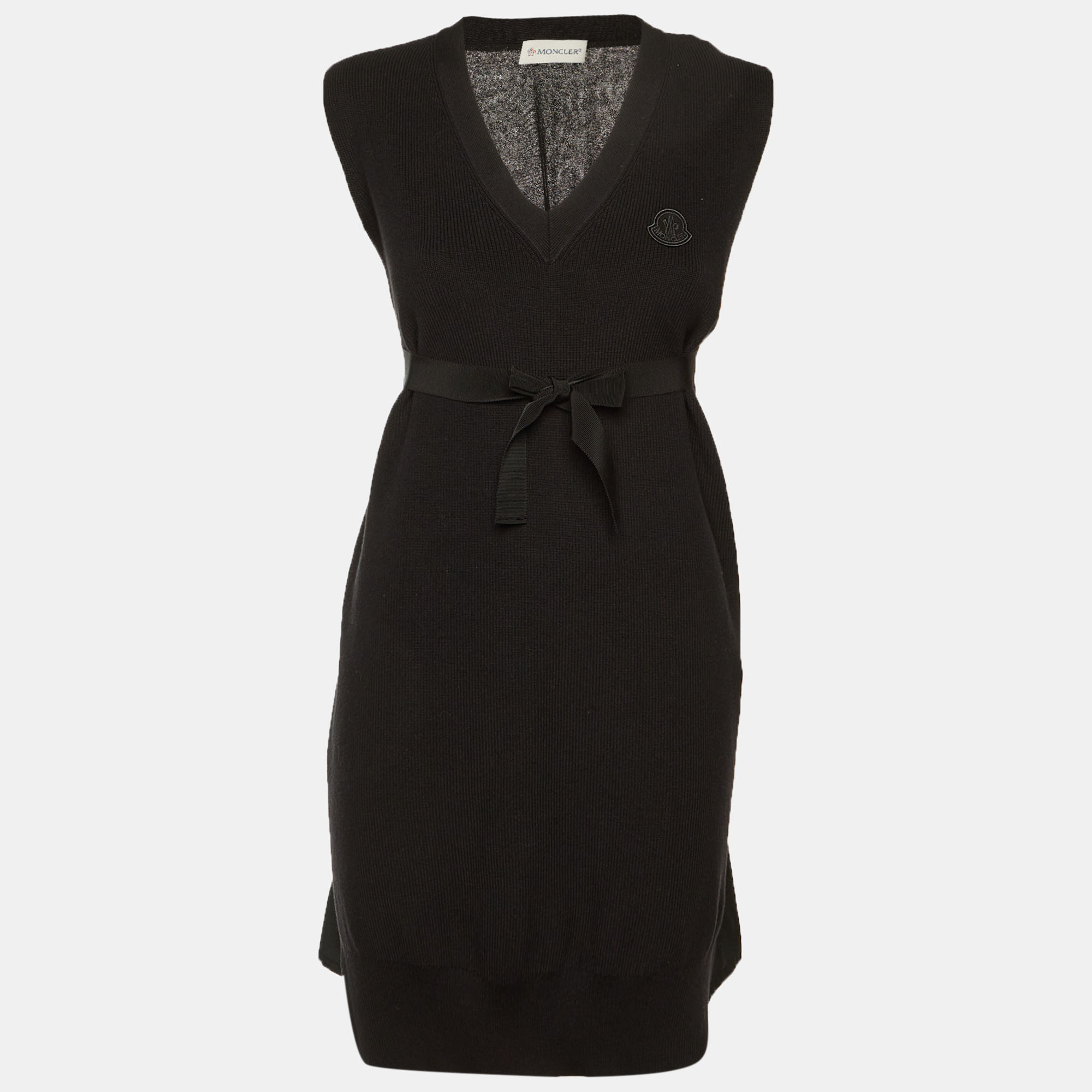 Moncler Black Cotton & Cashmere Blend Logo Applique Sweater Mini Dress
