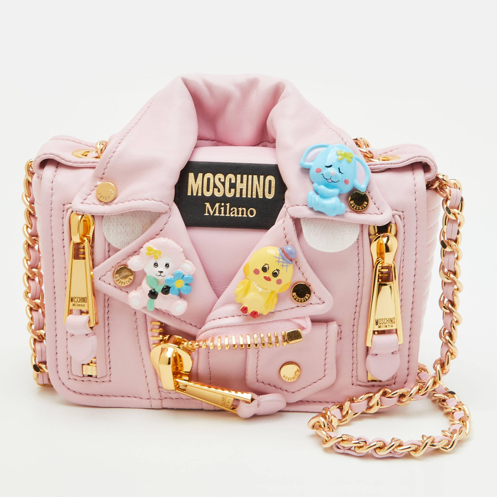Moschino Pink Leather Biker Jacket Embellished Flap Crossbody Bag