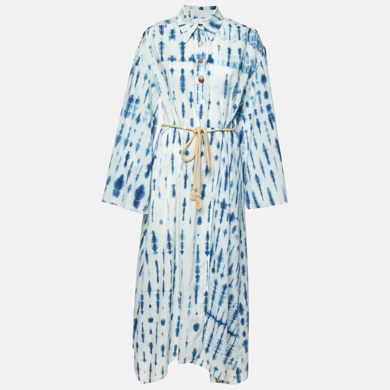 Nanushka Blue Tie-Dye Print Cotton Belted Long Dress