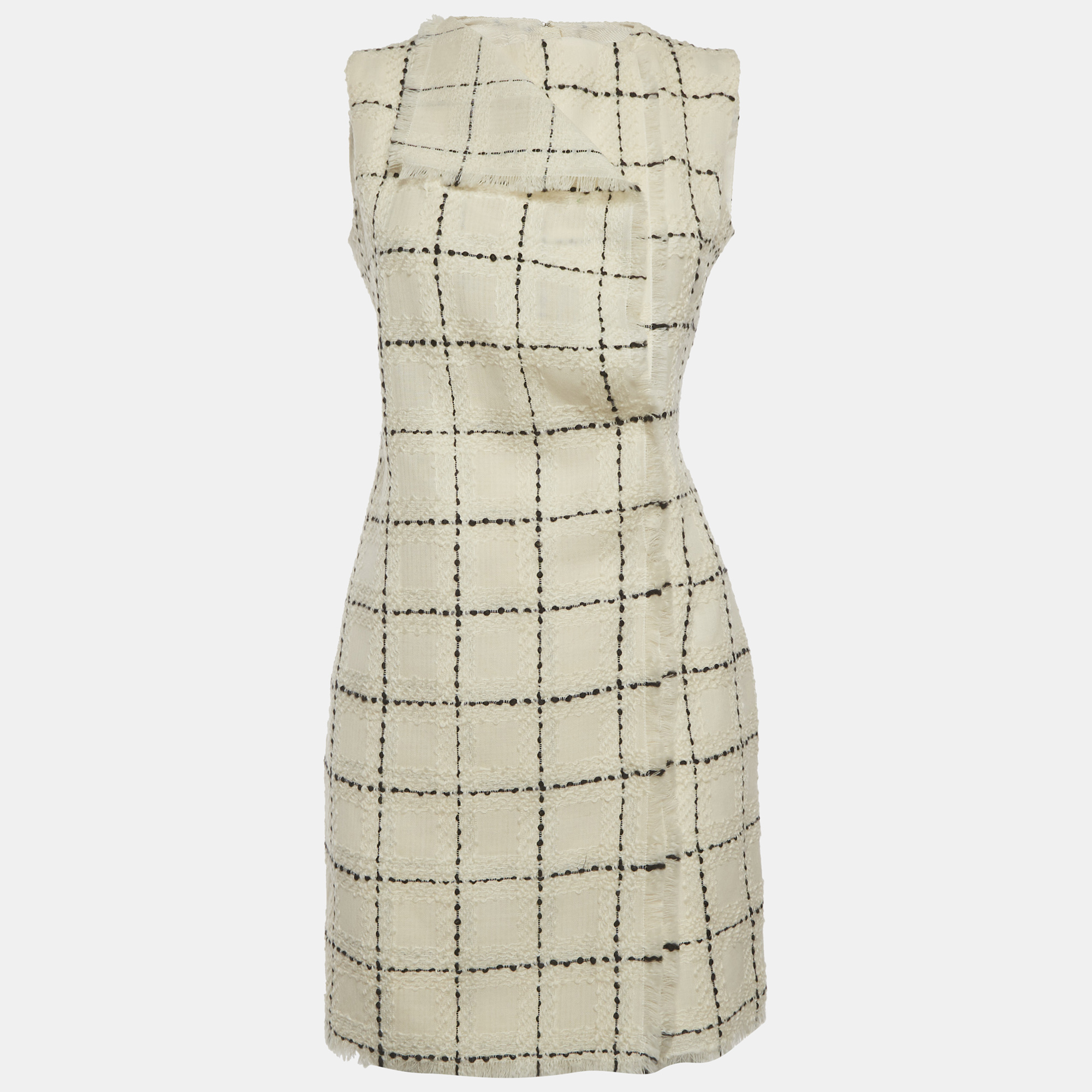 Oscar De La Renta Beige Checked Wool Blend Tweed Dress
