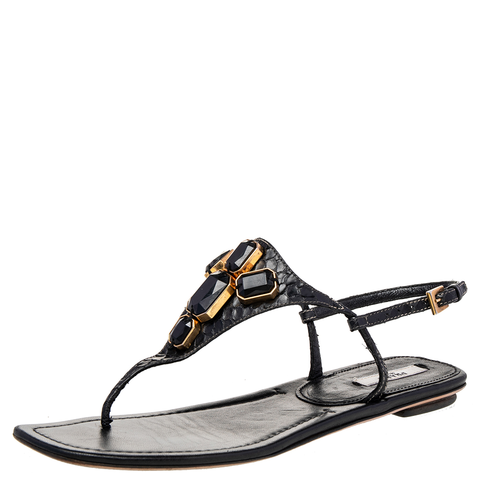 Prada Black Python Embellished Thong Flat Sandals
