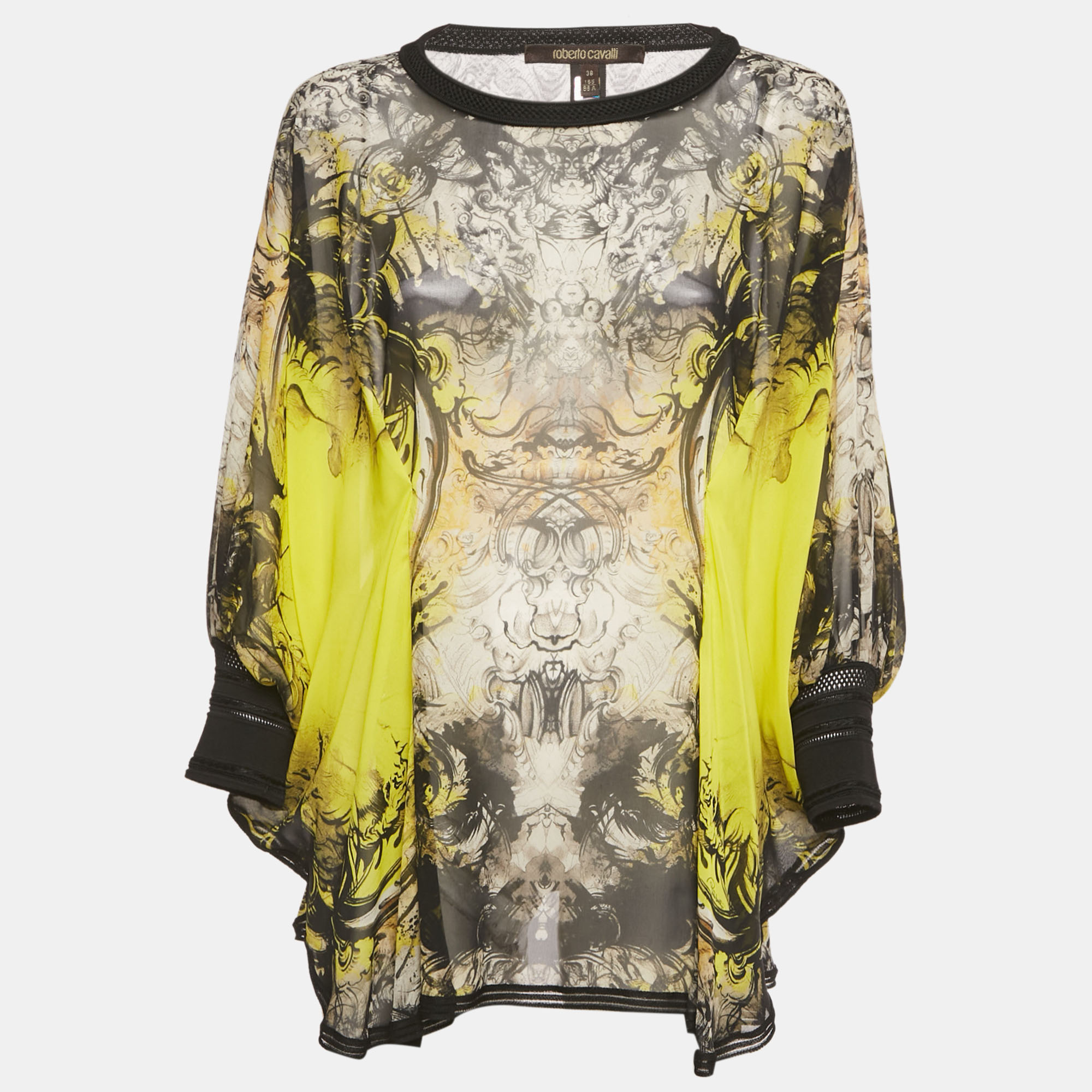 Roberto Cavalli Yellow Black Printed Silk Tunic Top