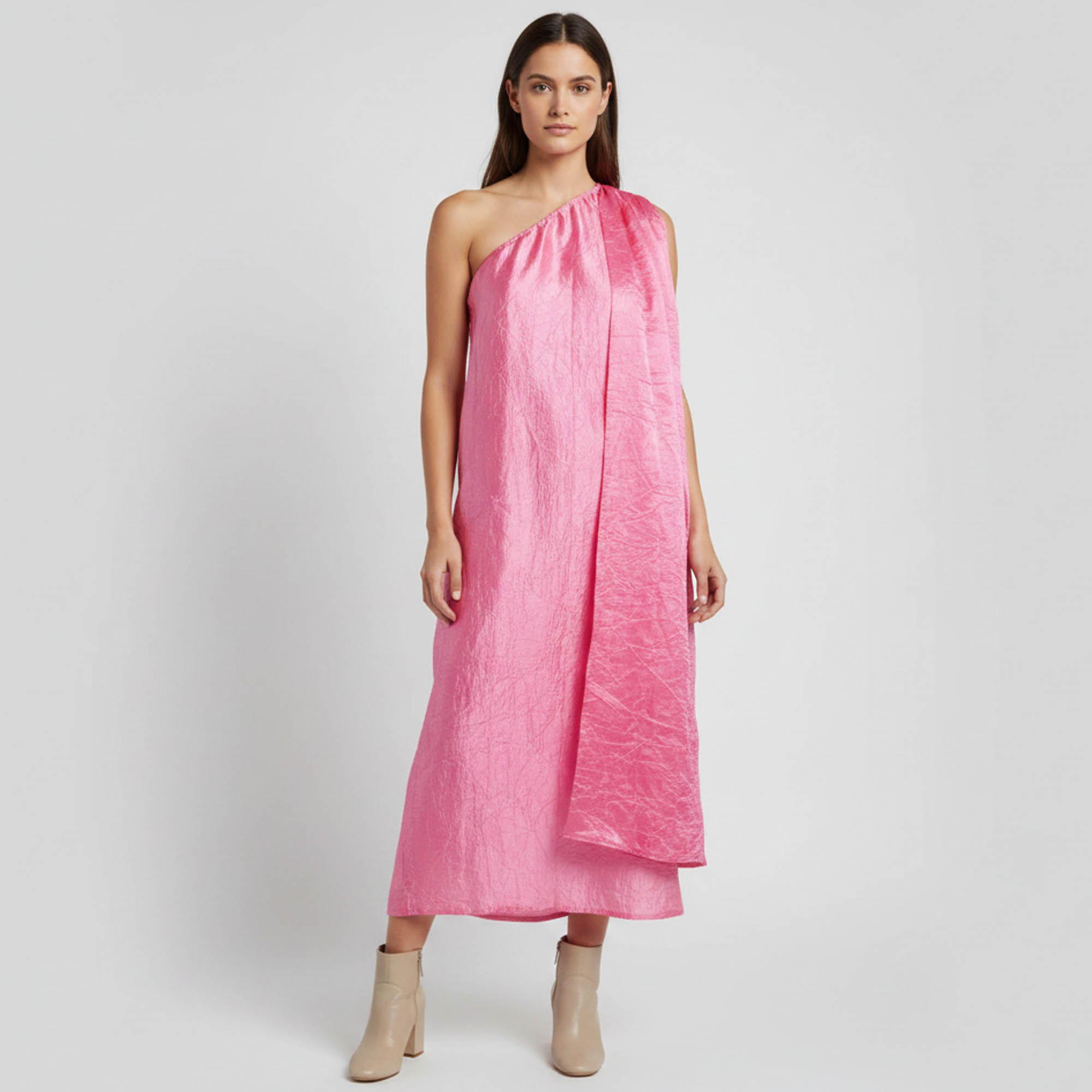 Sarad Metallic Pink Crushed Lurex One Shoulder Dress