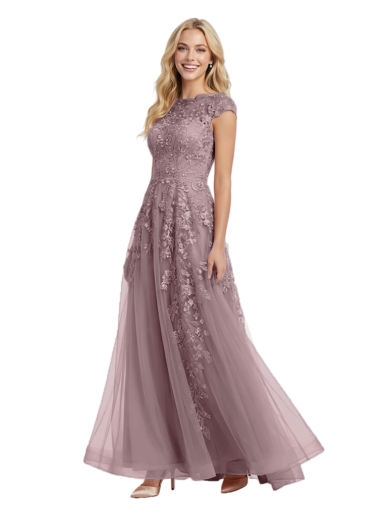 Pretty Cap Sleeve Evening Gown Floral Lace Tulle A-Line Silhouette Floor Length Prom Dress