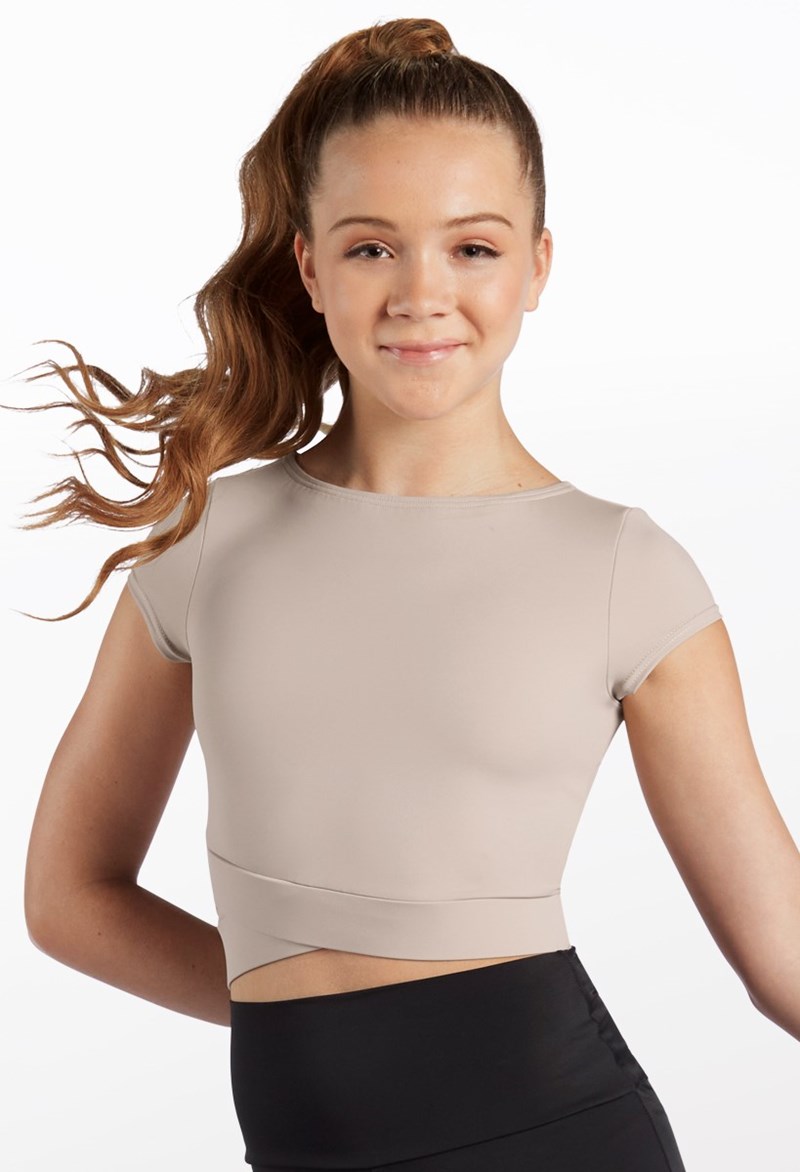Cap Sleeve Wrap Hem Crop Top - Latte - Small Adult - Dance Top MT