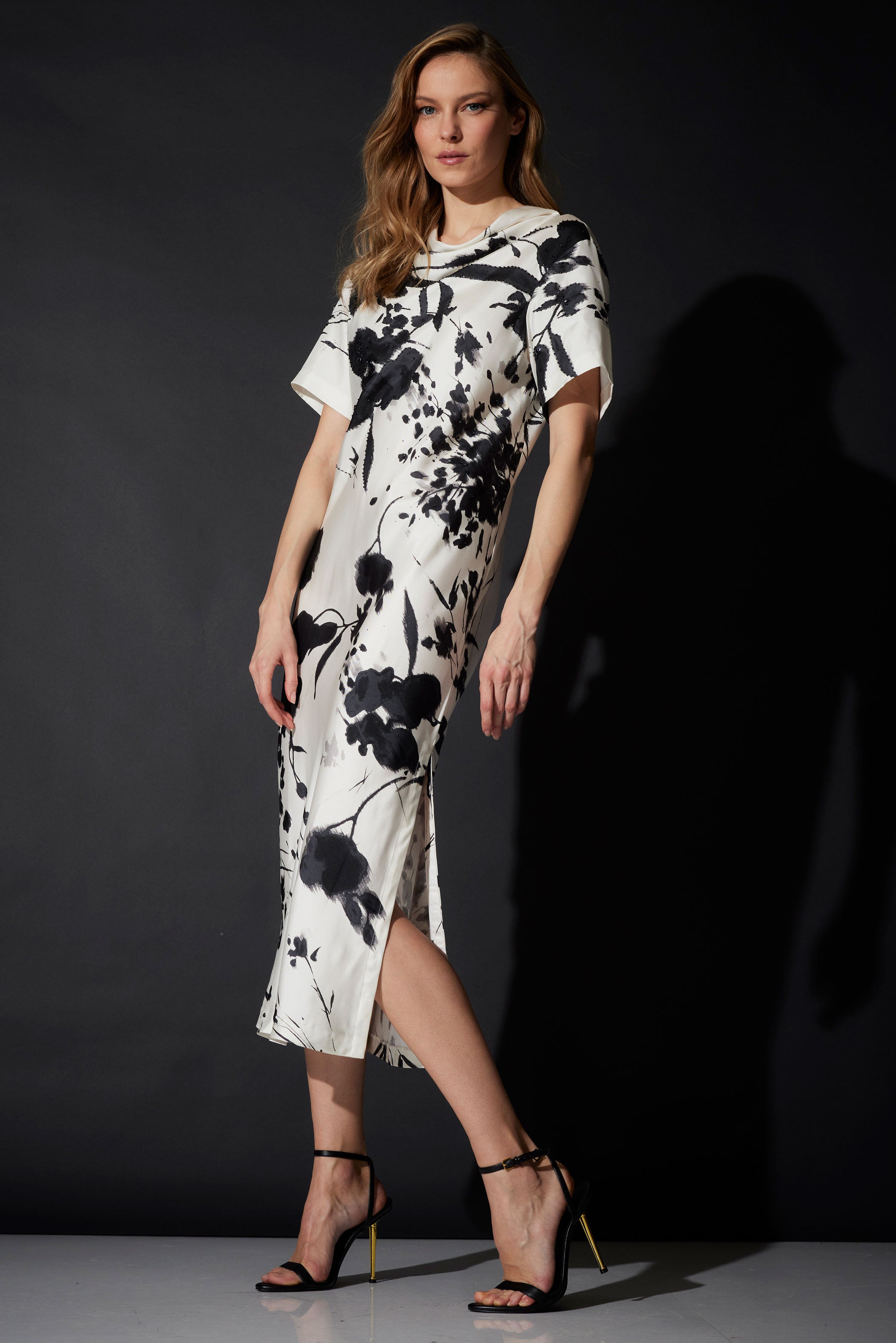 Nara Silk Twill Beaded Column Dress - BlackWhite