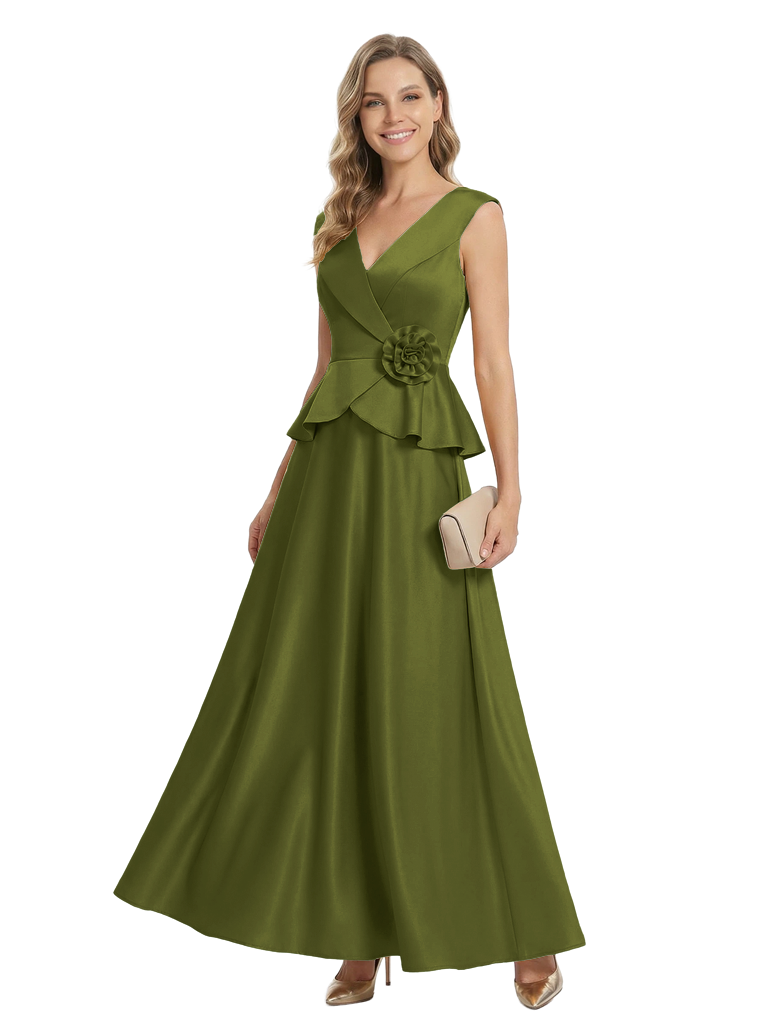 Chicsew Mother of The Bride Dresses V-Neck Sleeveless Satin Peplum Maxi Gown Fancy Flower Detailed Formal Wedding Dress - Olive-green