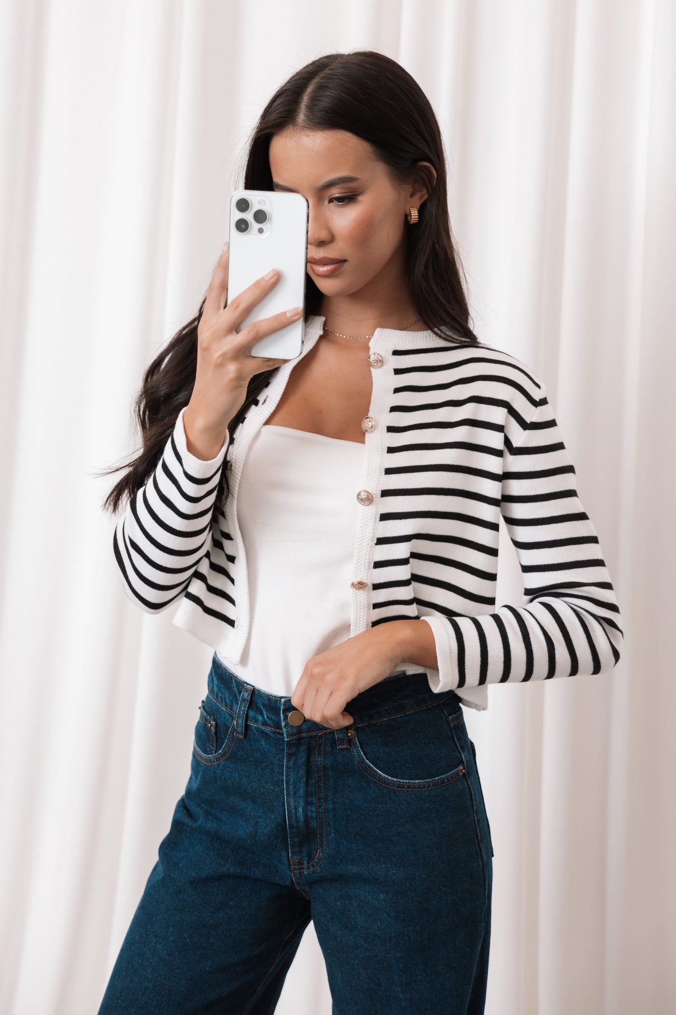 Cynthia Striped Button Front Cardigan - BlackCream