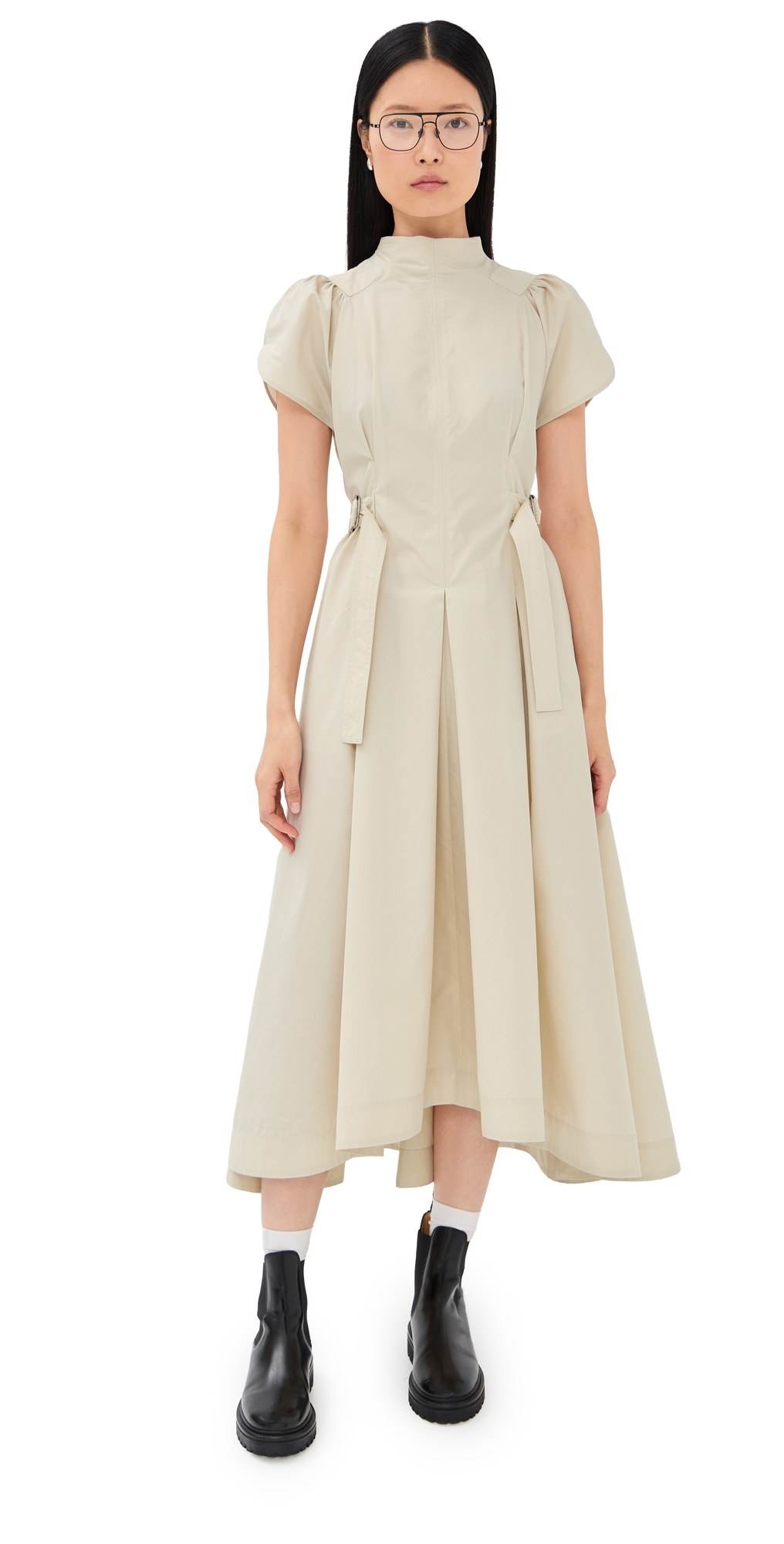 . Phillip Lim Puff Sleeve Poplin Flare Dress Stone