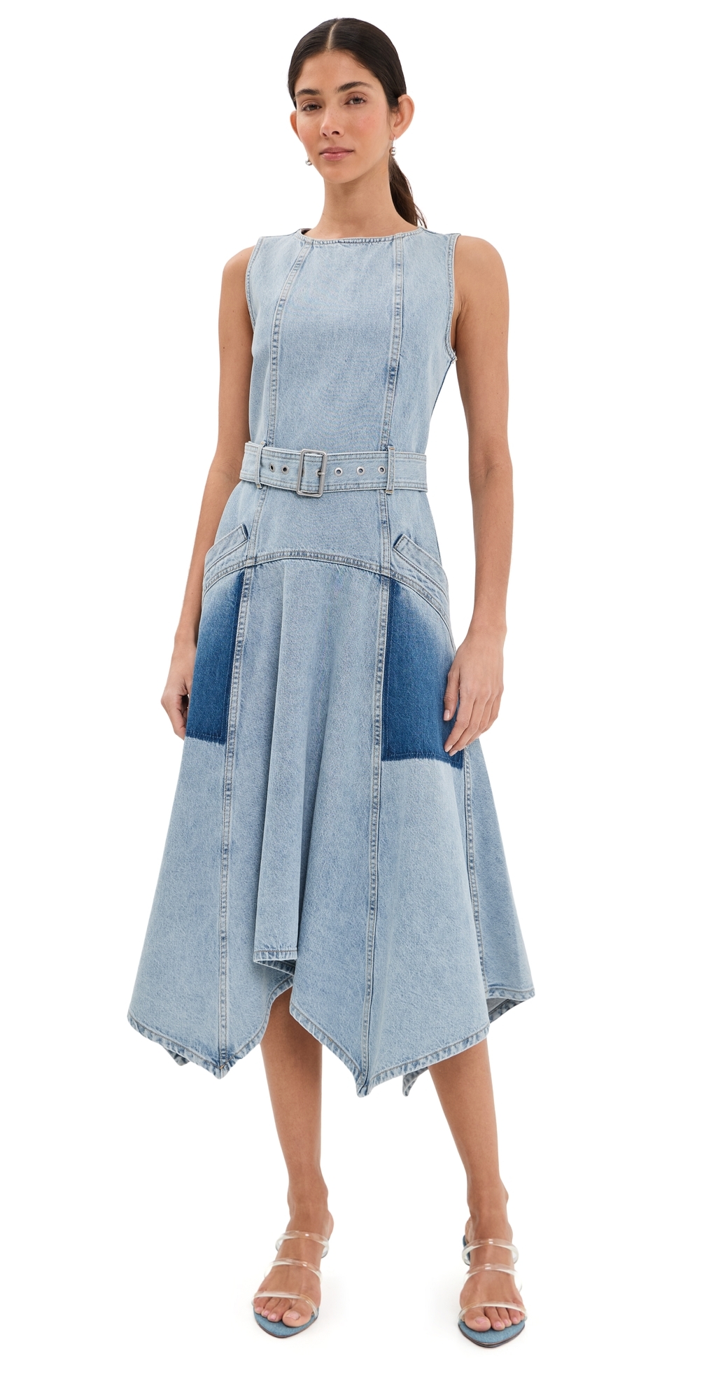 . Phillip Lim Ghost Patch Sleeveless Belted Denim Dress Light Blue