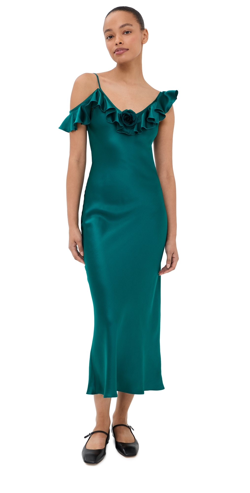 Rodarte Silk Satin Ruffle Bias Slip Dress Teal
