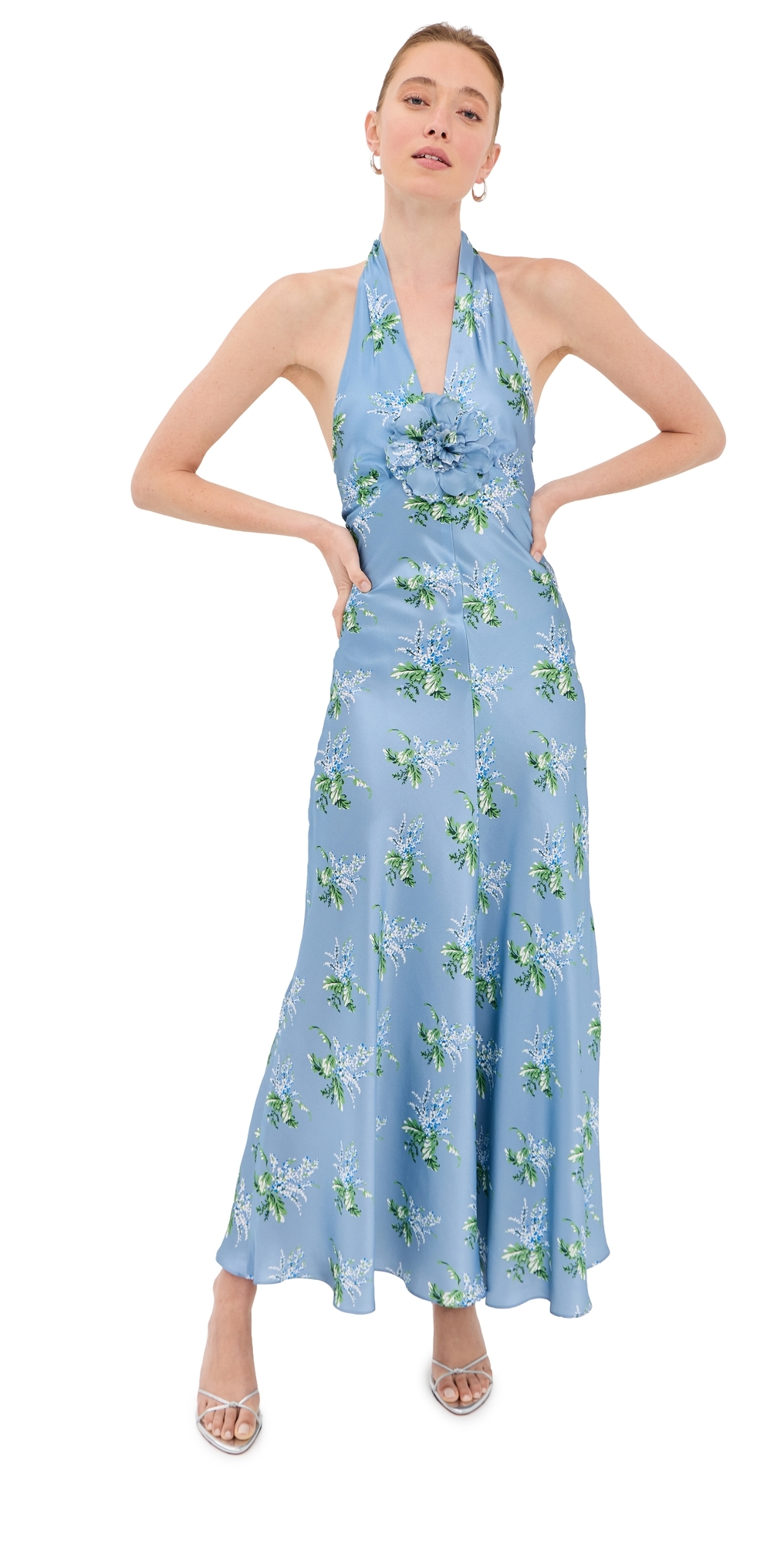 Rodarte Blue Bouquet Floral Silk Satin Dress Blue