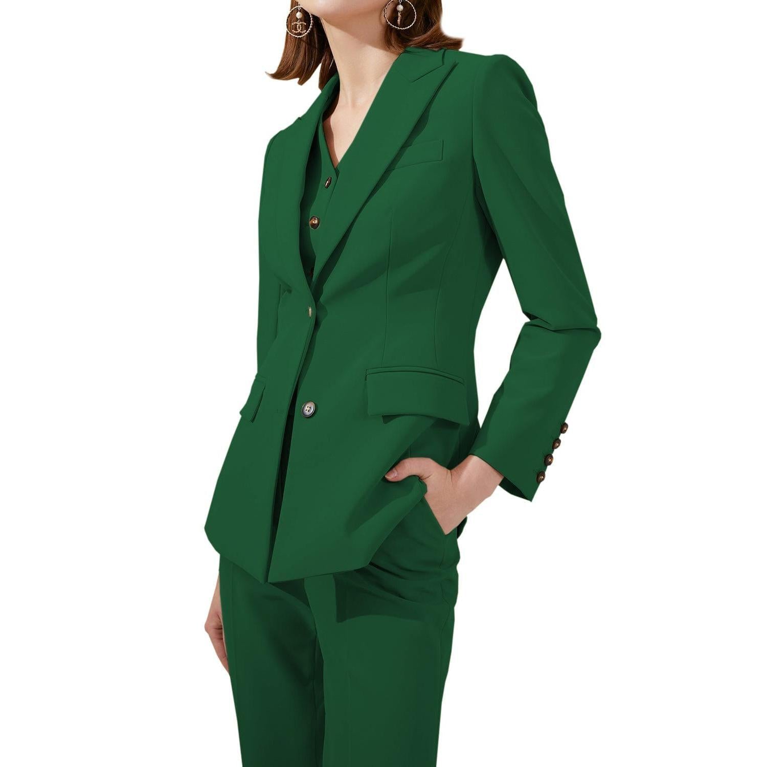 SoloveDress Women's Piece Solid Suit Peak Lapel Single Button Pants Set Blazer+Vest+Pants - Green