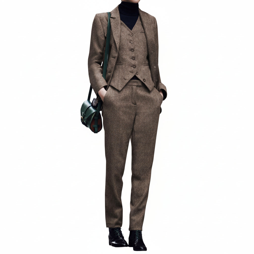 SoloveDress Women's Piece Herringbone Tweed Suit Notch Lapel Single Button Pants Set Blazer+Vest+Pants - Light Brown