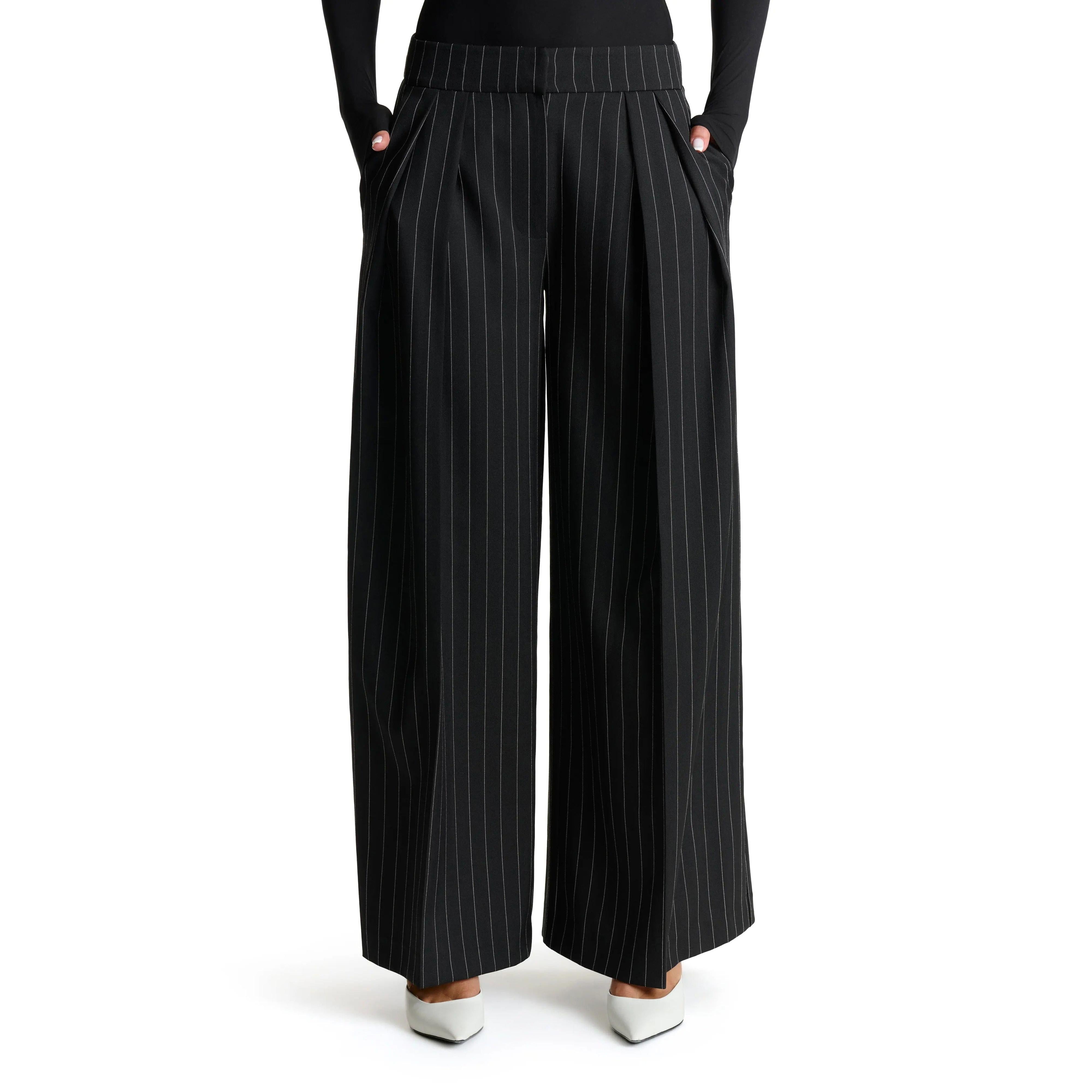 SoloveDress Women's Black Striped High Waist Straight Leg Suit Pants - Black