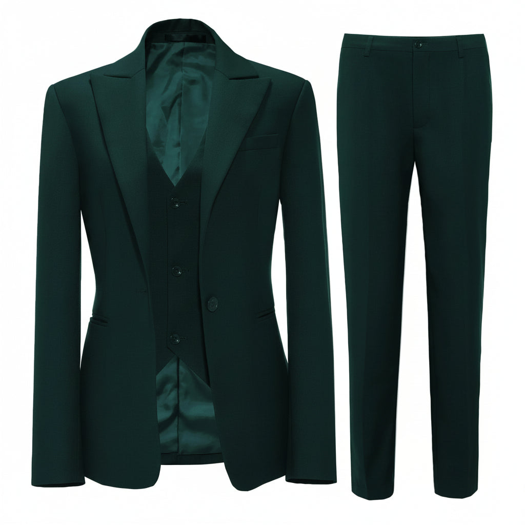 SoloveDress Women's Piece Solid Peak Lapel Suit Set Blazer+Vest+Pants - Teal