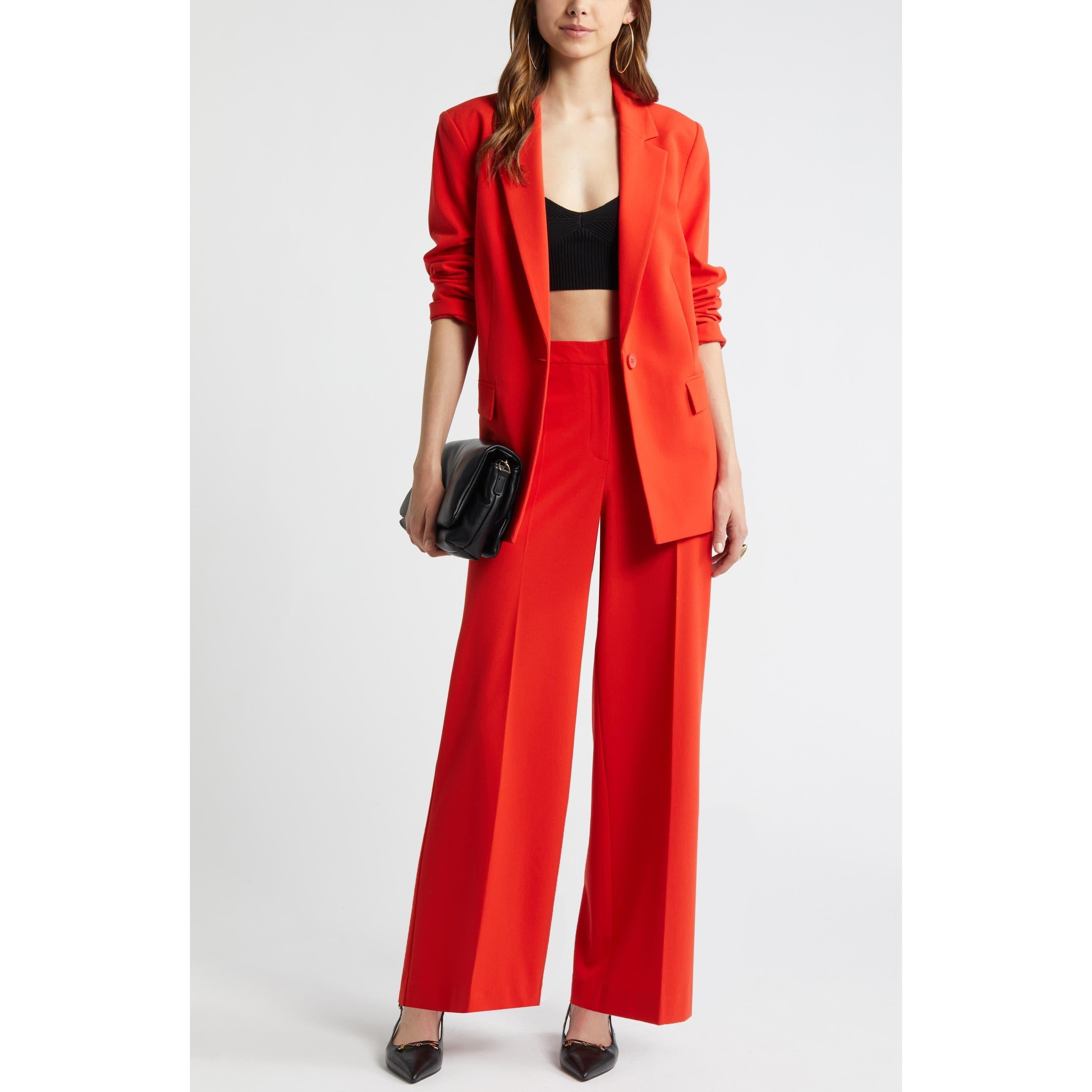 SoloveDress Women's Piece Red Solid Suit Notch Lapel Double Breasted Pants Set Blazer+Vest+Pants - Red