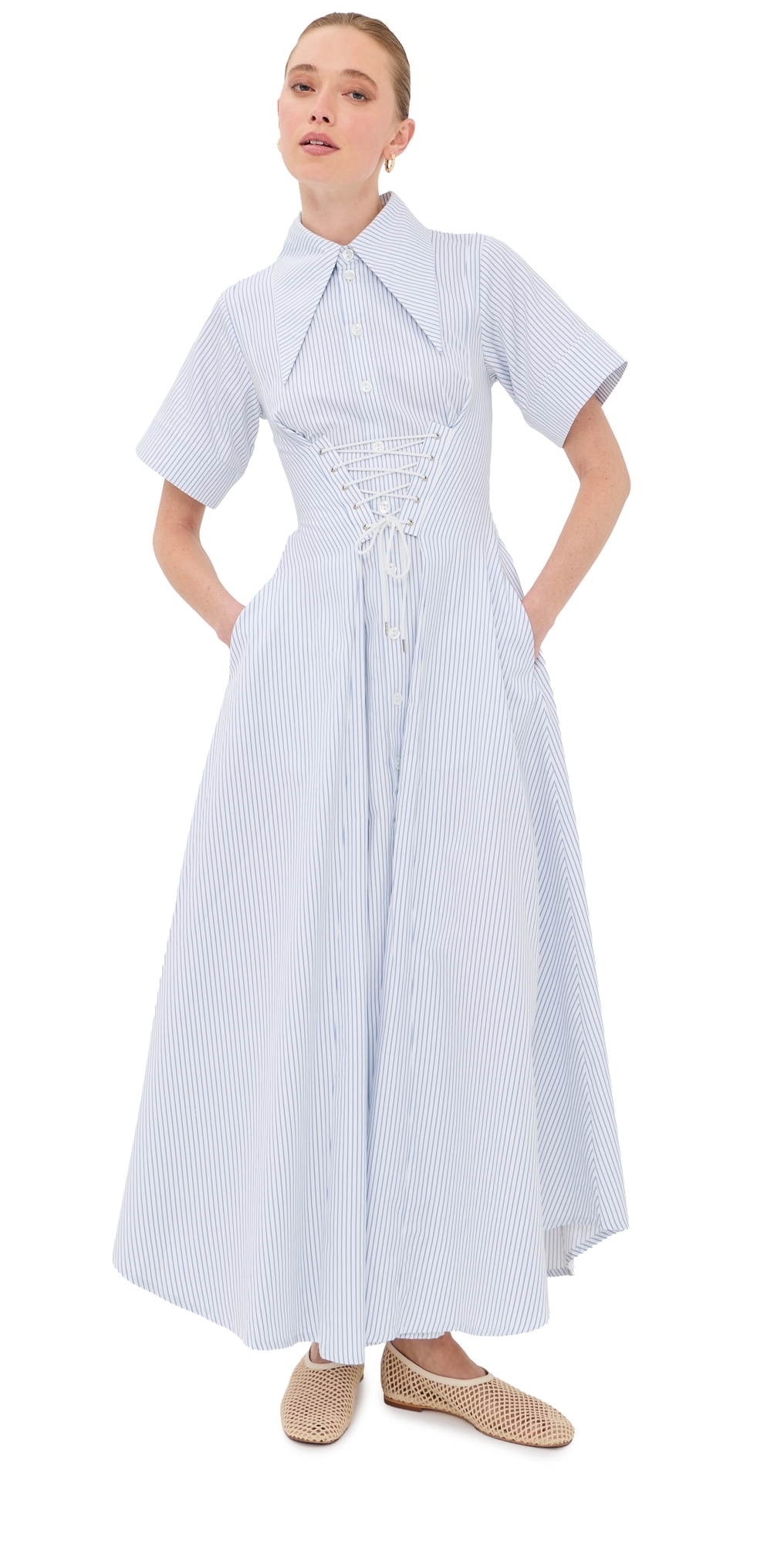 Tolu Coker Printed Striped Maxi Corset Shirt Dress BlueWhite