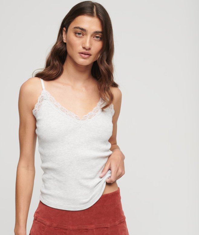 Superdry Women's Women's Organic Cotton Essential Rib Lace Cami Top Light Grey Light Iced Grey Marl