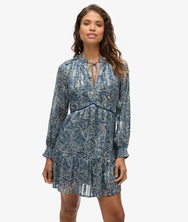 Superdry Women's Printed Long Sleeve Metallic Mini Dress Blue