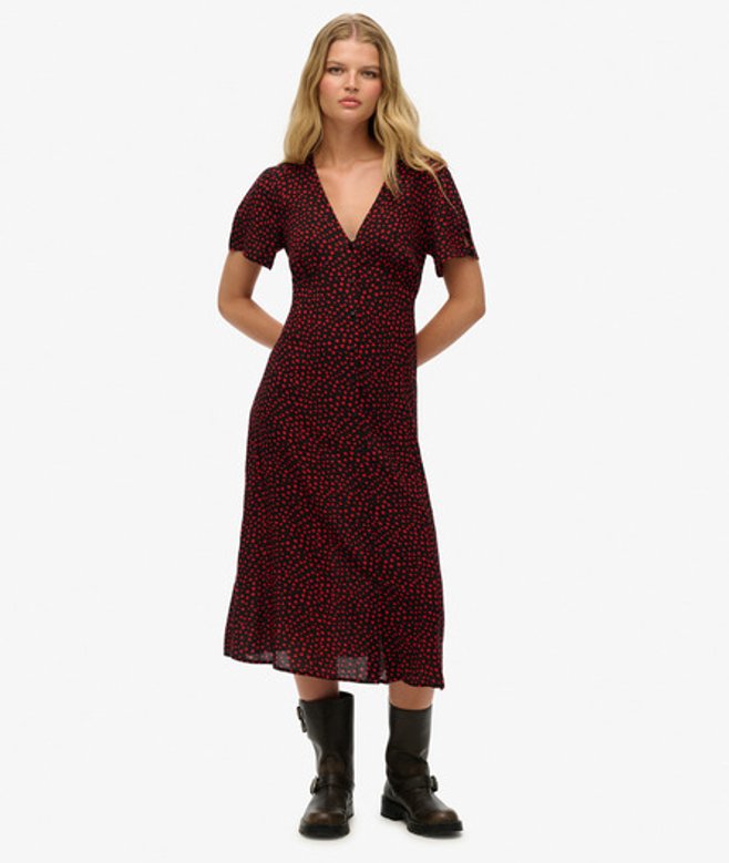 Superdry Women's Printed Button-up Short Sleeve Midi Tea Dress Red