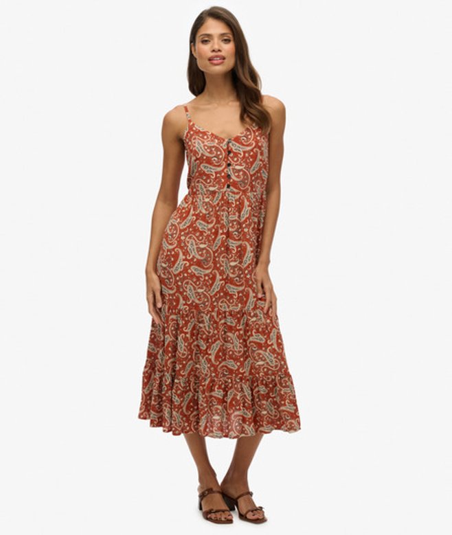Superdry Women's Half Button Tiered Midi Dress Brown