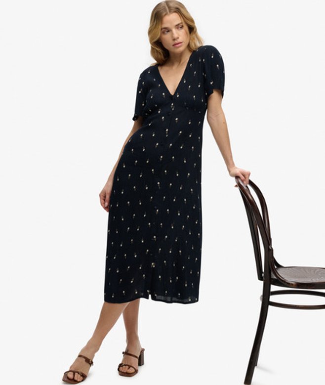 Superdry Women's Printed Button Short Sleeve Midi Tea Dress Navy