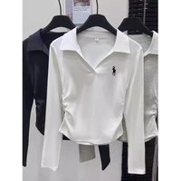 Women's Slim Fit Embroidered Base Layer Shirt Long Sleeve Collared Design Off-Shoulder Top For Autumn Winter Unique Style