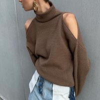 Off-Shoulder High Neck Sweater Oversized Knit Top With Slouchy Drop Shoulder & Openwork Details S-L, Brown​