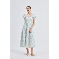 Puff Sleeve Tiered Maxi Dress in Blue Florals
