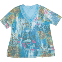 Mesh Womens Printed Top Blue V-Neck