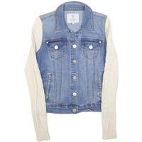 GUESS Womens Blue & Cream Denim Jacket S Cotton Cable Knit Sleeves Button