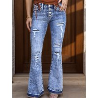 Distressed Button-Fly Bootcut Jeans with Pockets