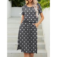 Round Neck Short Sleeve Slit Dress with Pockets