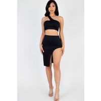 Sexy Solid One Shoulder Crop Top & Split Thigh Midi Skirt Set