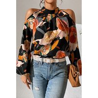Floral Cold Shoulder Balloon Sleeve Blouse