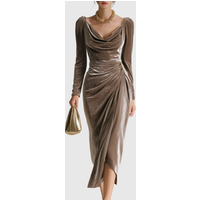 Women's Velvet Wrap Midi Dress Elegant Draped Long Sleeve Bodycon Party Dress