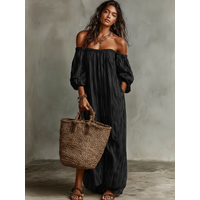 Women's Vacation Cotton-linen Blend Off-shoulder Long-sleeved Maxi Dress MDZBY