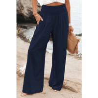Womens Elastic High Waisted Palazzo Pants Casual Wide Leg Long Lounge Pant Trousers with Pocket