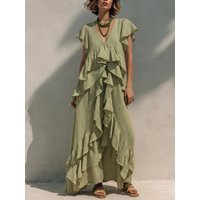 Women's Ruffle Maxi Dress V Neck Flowy Boho Dress Loose Fit Summer Vacation Beach Resort Dress
