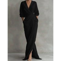 Women's Elegant Wrap Maxi Dress Long Sleeve V Neck Ruched Waist Split Evening Dress with Pockets