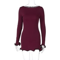 Sexy tight short skirt ruffle edge dress crimped knitted skirt long sleeve solid color women's summer dress